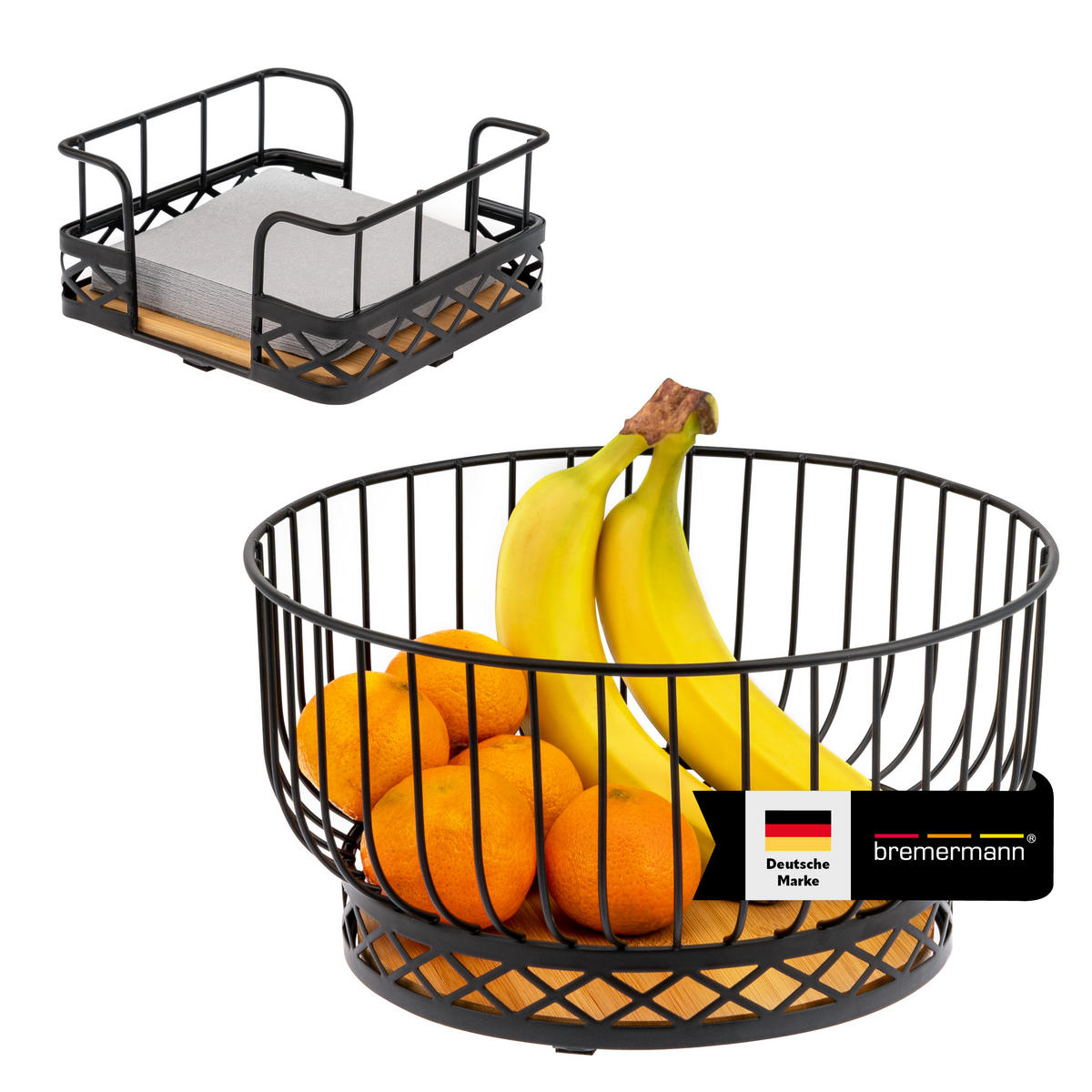 OBSTKORB mit Serviettenhalter, Bambus, Metall, schwarz - Schwarz, Metall (29/15cm) - bremermann
