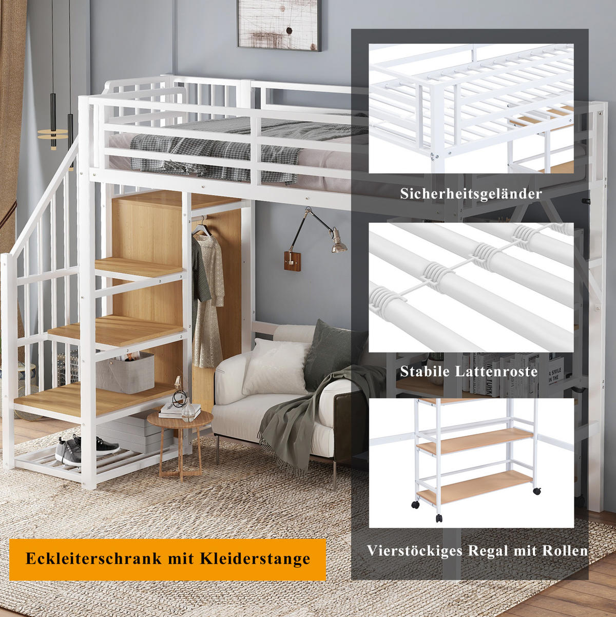 HOCHBETT aus Eisen und MDF 90x200 cm Weiß/Natur mit Eckleiterschrank, Rollregal und Sicherheitsgeländer - Weiß, Metall (90/200cm) - Modfu