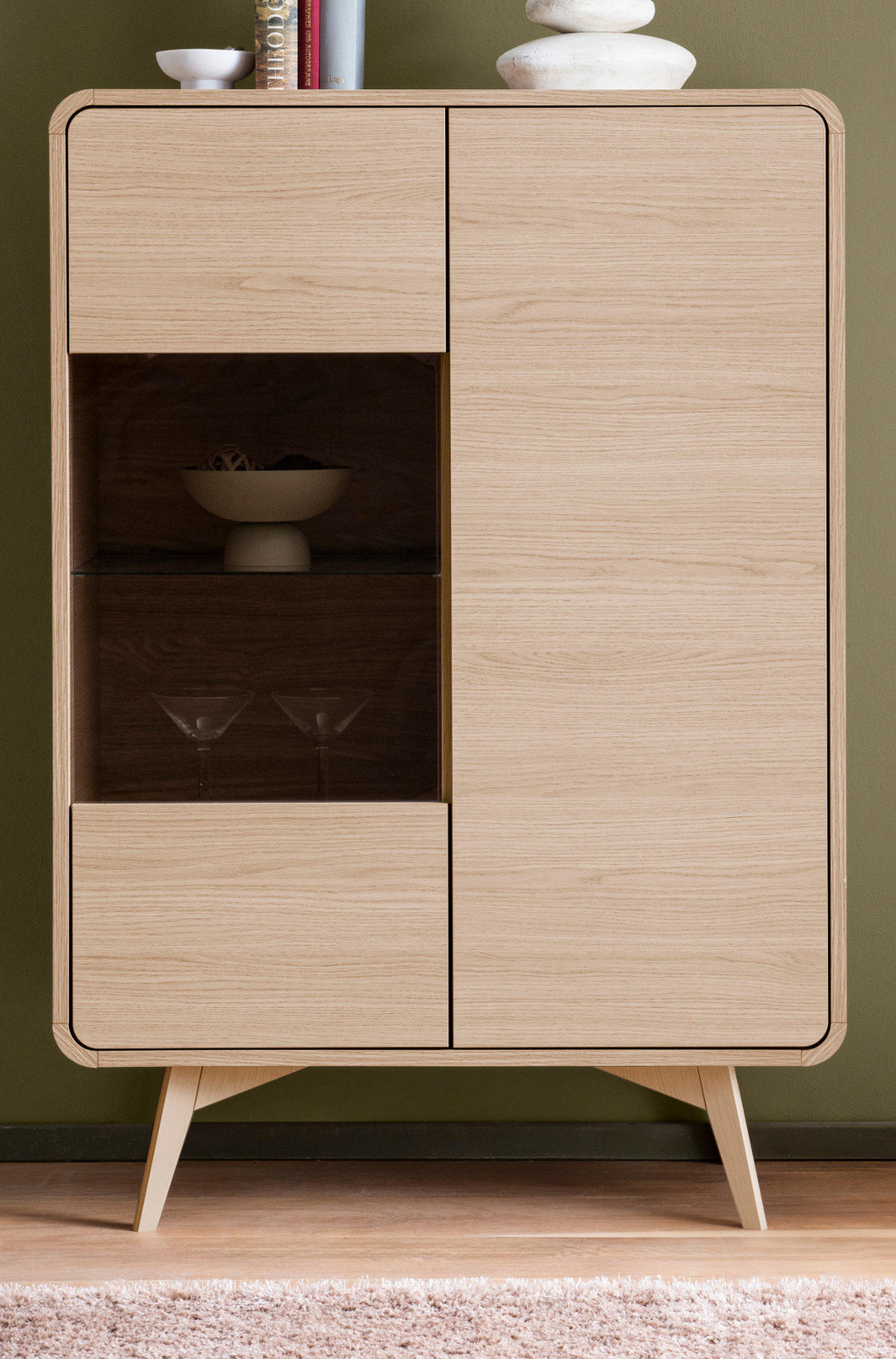 VITRINE Eiche natur skandinavisch 90 cm, Highboard mit Push-to-Open - Eichefarben, Glas/Holz (90/130/39cm) - Furn.Design