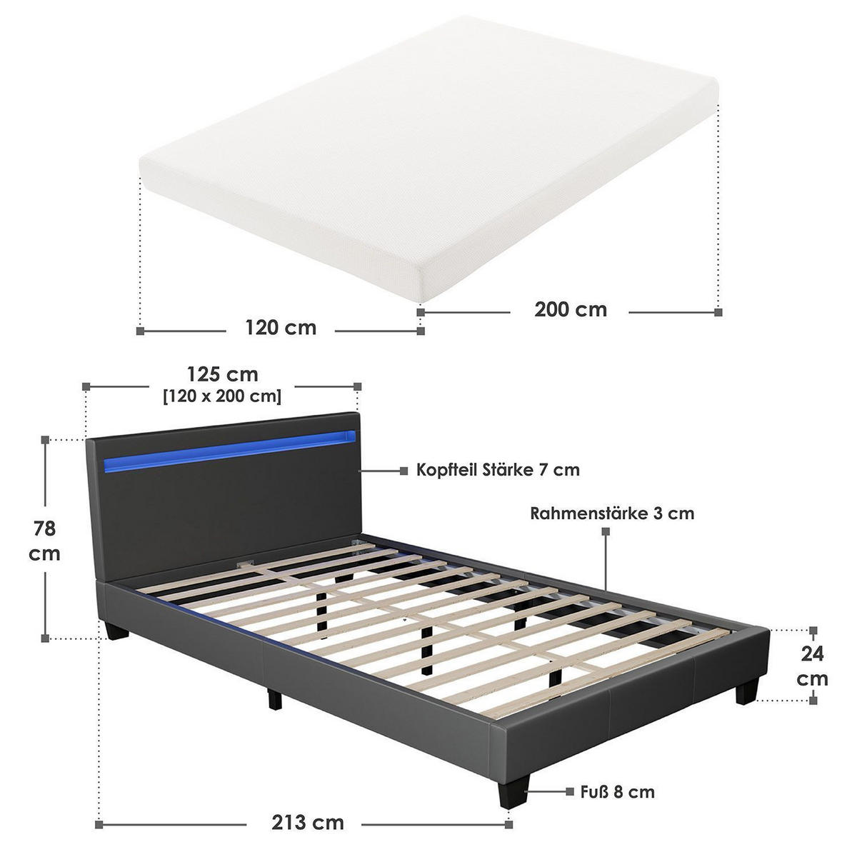 POLSTERBETT Paris mit Matratze und LED dunkelgrau 120x200cm - Grau, Textil (120/200cm) - Juskys