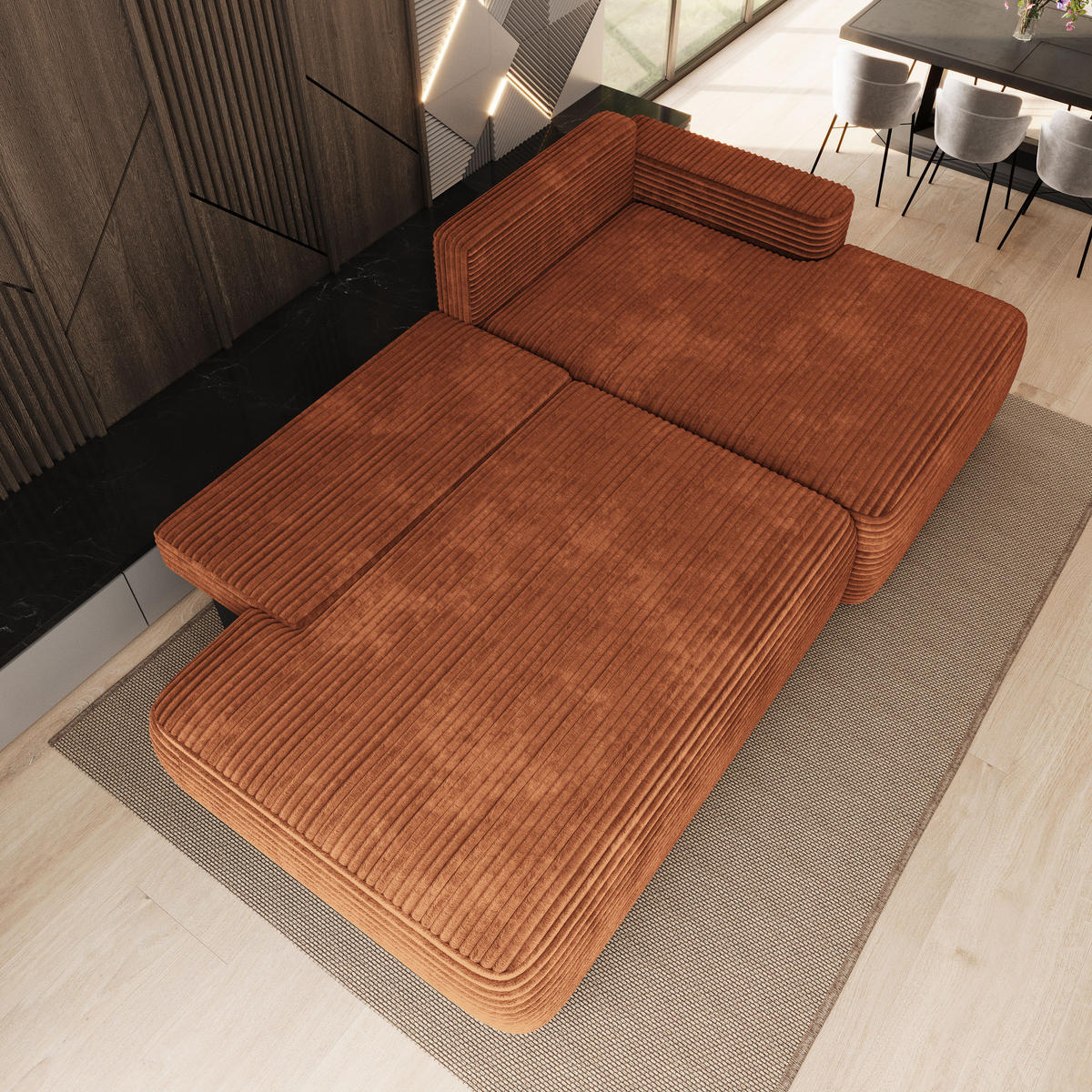 ECKSOFA AVINI T R-S Braun Kordstoff mit Schlaffunktion - Braun, Holzwerkstoff/Textil (277/160cm) - MASSENO