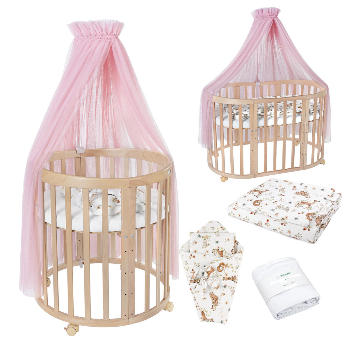 BABYBETT NATUR OVAL 7in1 mit Matratze und Himmelset - Naturfarben/Rosa, Holz/Textil