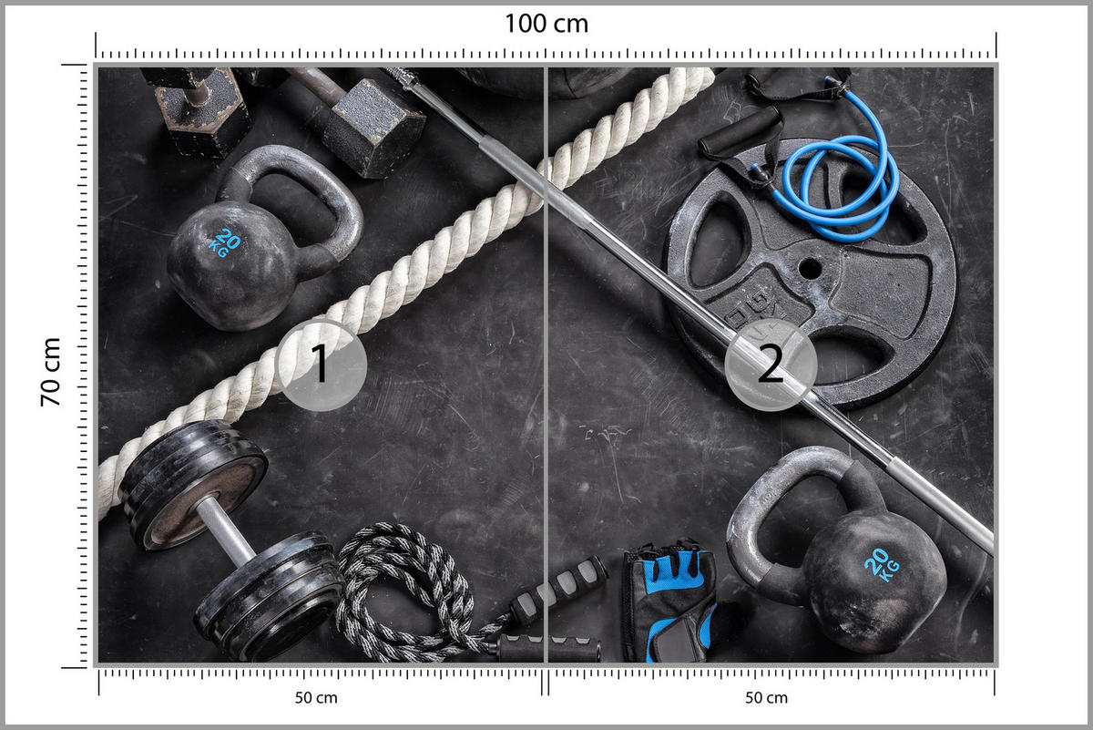 FOTOTAPETE für Fitnessstudio Sportgeräte zum Trainieren Kettlebells Hanteln 100x70 - Blau/Creme, Papier (100/70cm) - Muralo