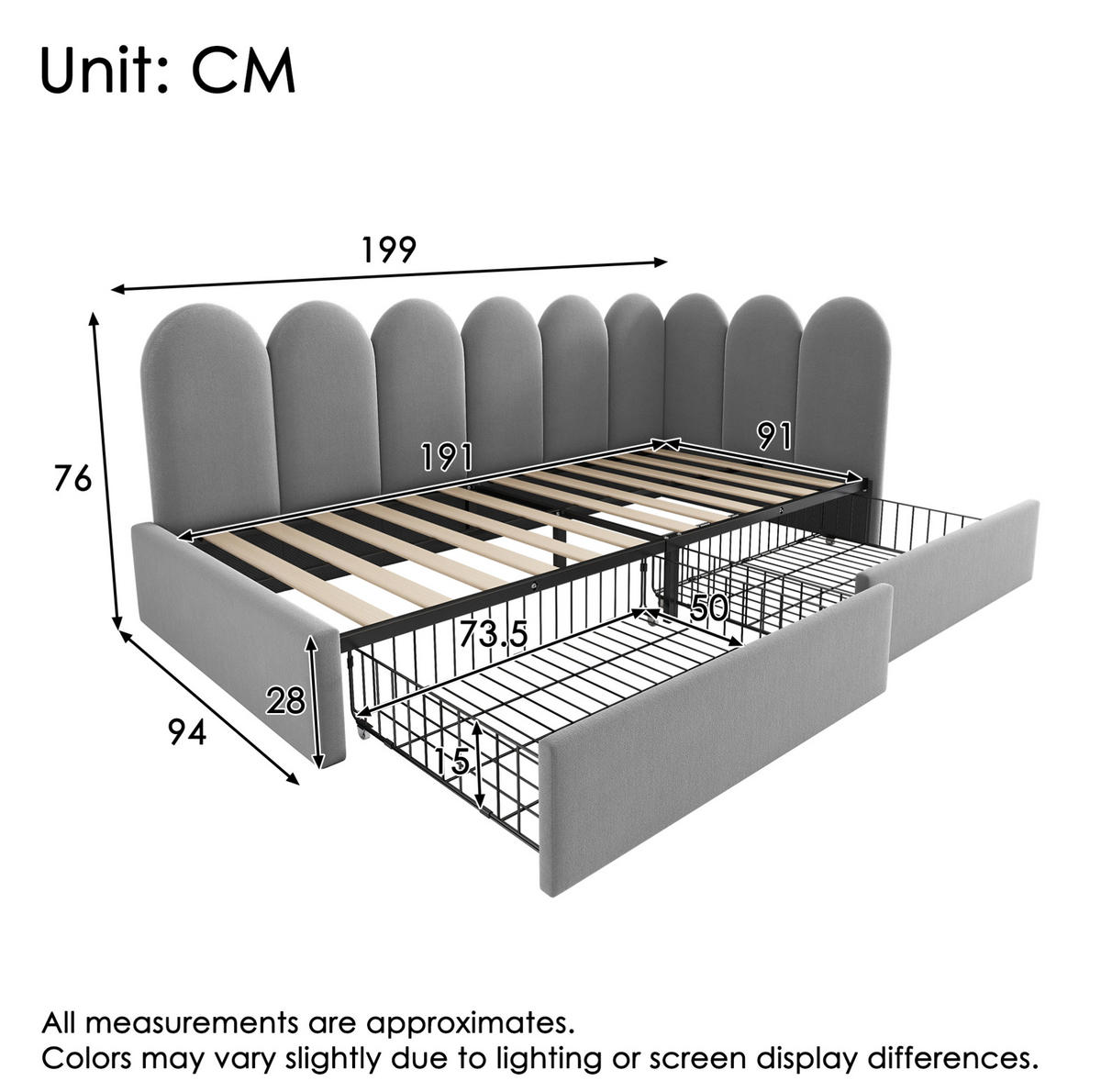 BETT mit 2 Schubladen und Lattenrost 90x190 cm Samt Grau - Grau, Metall (90/190cm) - Beauniv