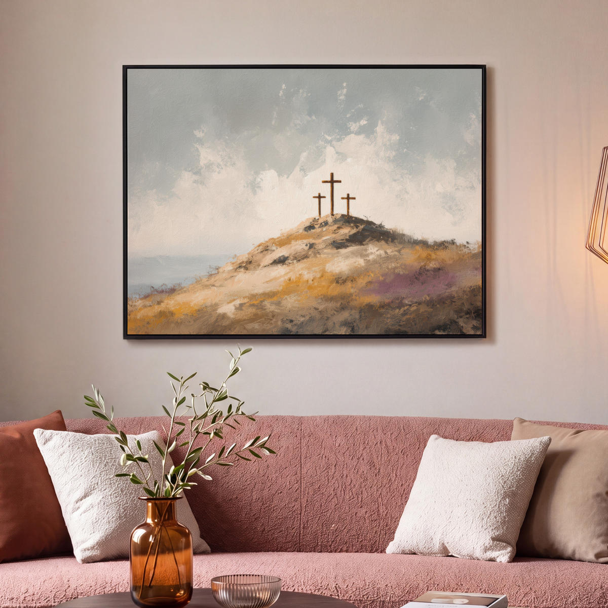 LEINWAND Bilder mit Rahmen - Hügel - Abstrakt - Christentum - Kreuz - 100x70 - Hellgrau, Textil (100/70cm) - MuchoWow