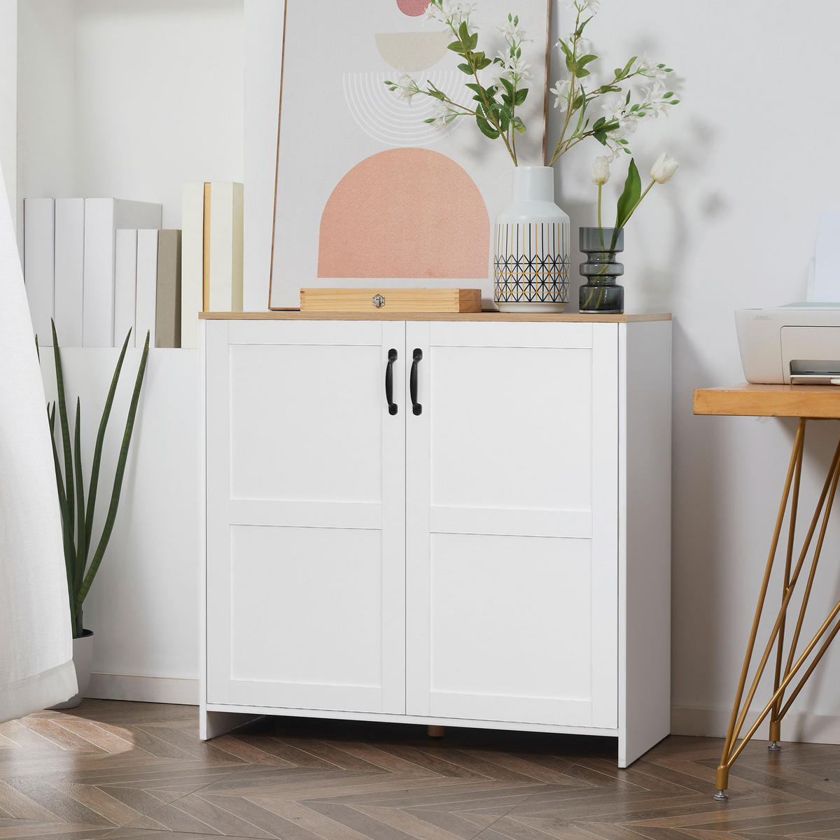 SIDEBOARD DE-11031 2 Türen Weiß/Holzoptik - Weiß, Holzwerkstoff (90/88/39.5cm) - ComfortXL