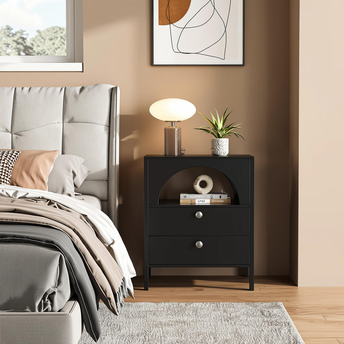 NOČNÍ STOLEK černý 45 cm se 2 zásuvkami a otevřenou přihrádkou - černá, kompozitní dřevo (45/58/40cm) - Urban Meuble