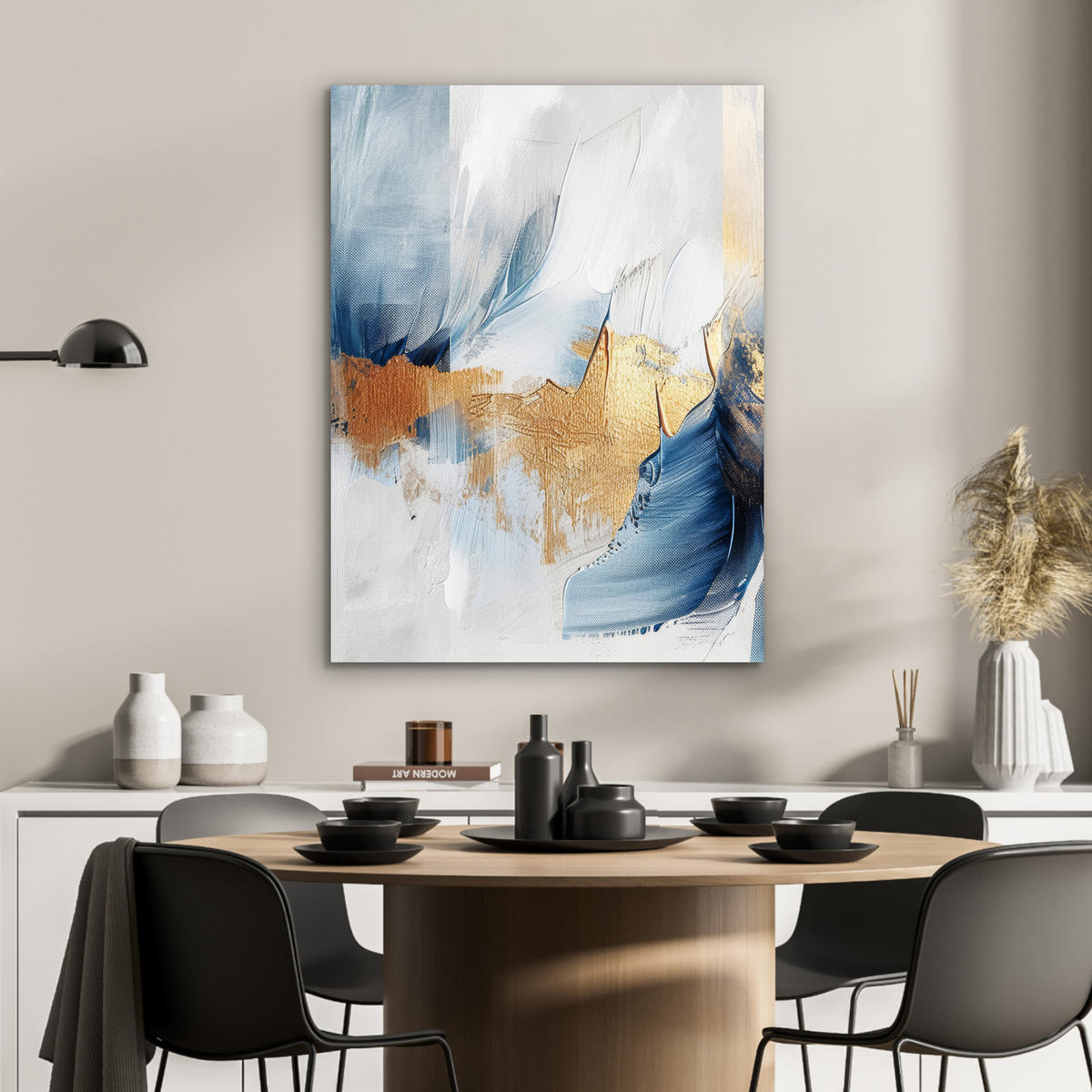 KOVOVÝ OBRAZ Zlatá - modrá - akvarel - umenie - moderné 60x80 cm - svetlomodrá, kov (60/80cm) - MuchoWow