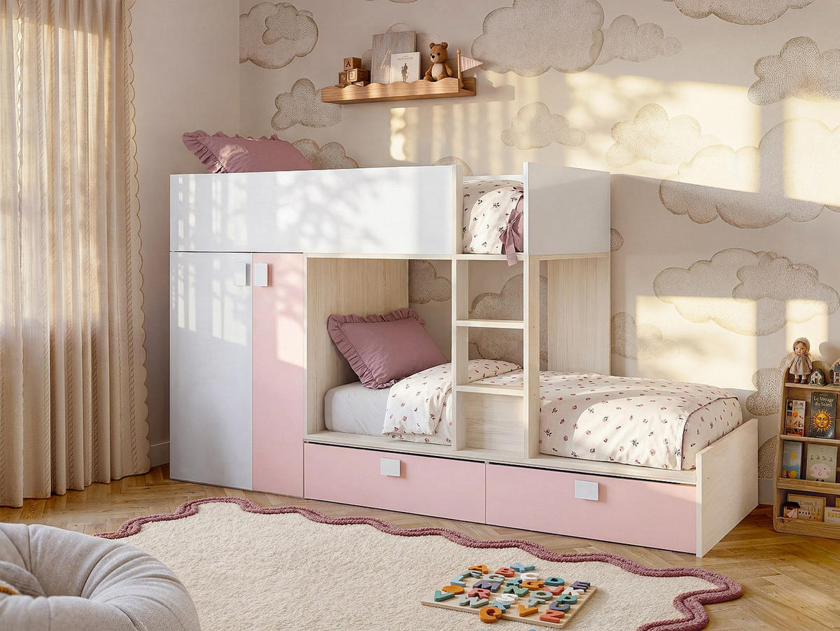 ETAGENBETT - 2 Personen - holz - puderrosa, weiß Juanito - Hellrosa/Weiß, Holz (90/190cm) - Vente-Unique