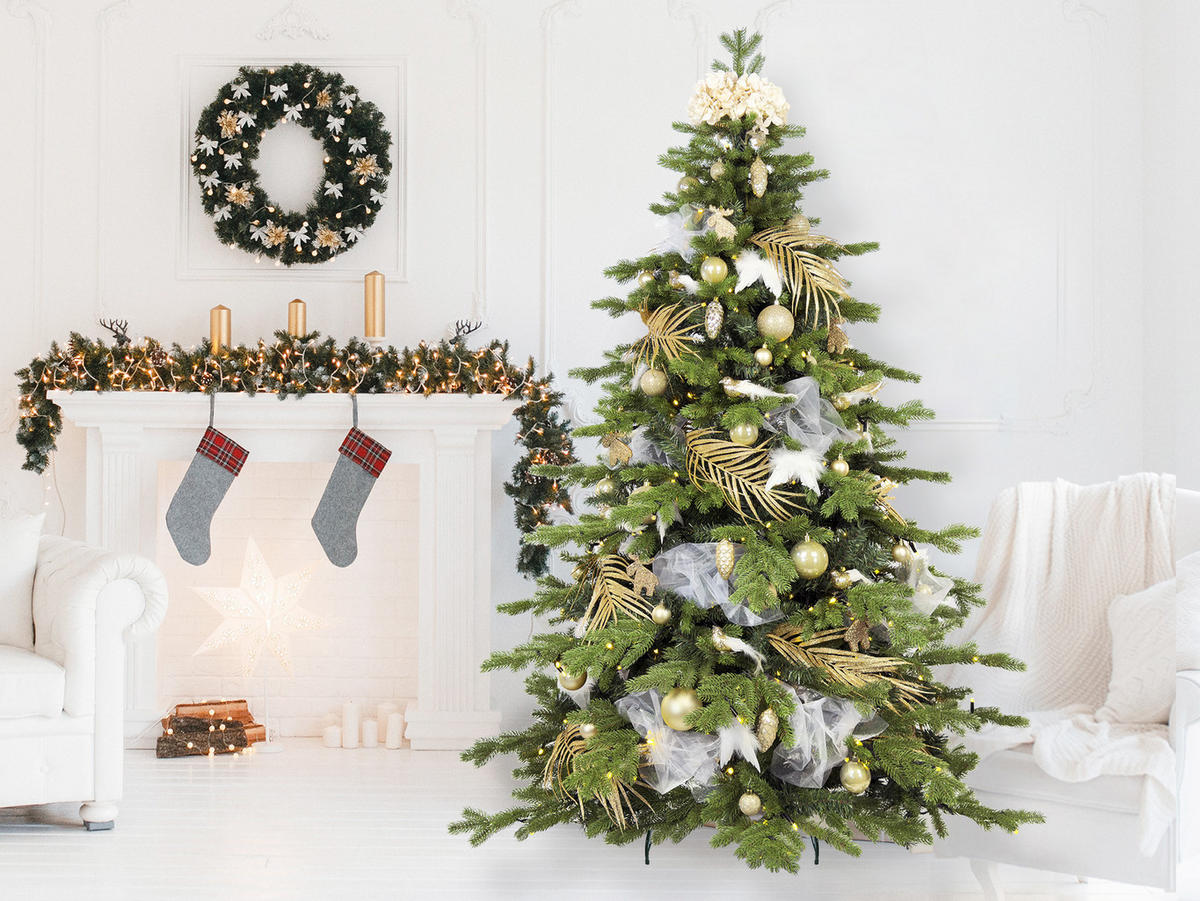 WEIHNACHTSBAUM künstlicher 270 cm, SAMTELEGANZ II, mit 203-teiligem Weihnachtsbaumschmuck, inkl. Metallständer und Aufbewahrungsbox - Champagner/Silberfarben, Kunststoff/Metall (157/270cm) - LAALU