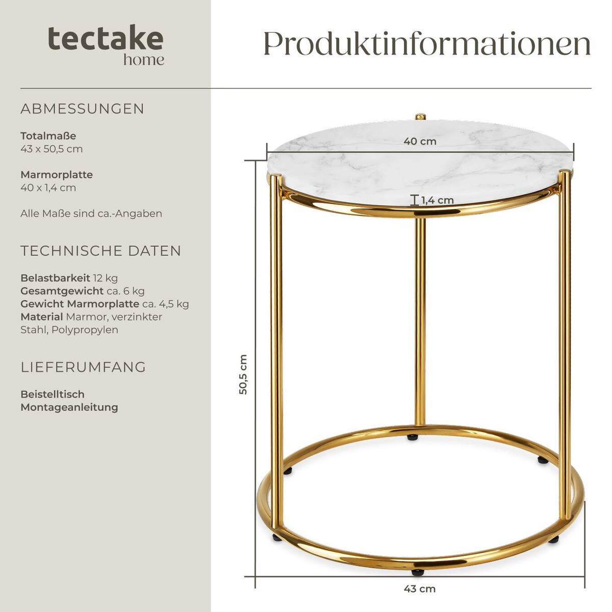 BEISTELLTISCH Ellsa,43 x 43 x 50,5 cm,weiß/gold - Goldfarben/Weiß, Stein (43/43/50.5cm) - tectake