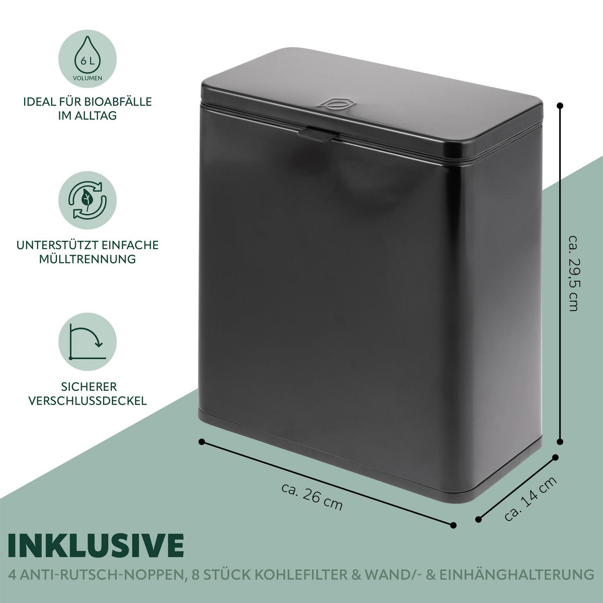 BIOMÜLLEIMER 6L, schwarz - Schwarz, Metall (26/29.5/14cm) - eluno