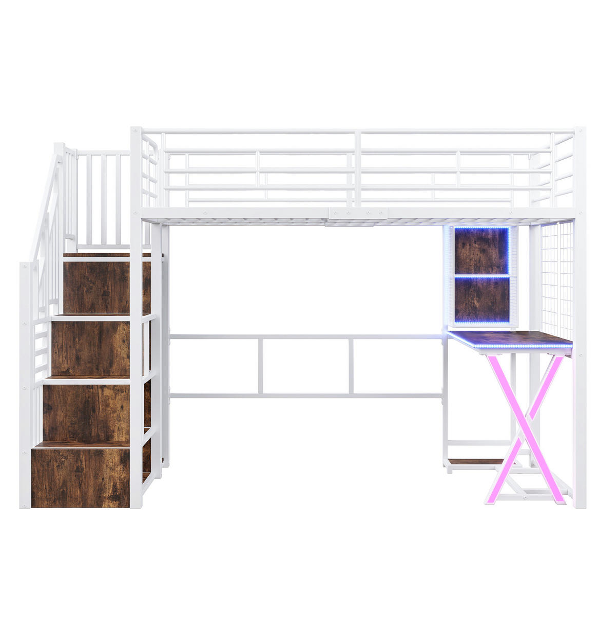 HOCHBETT 90/200 cm aus Metall und MDF mit Schreibtisch, Kleiderschrank und LED-Beleuchtung Weiß - Weiß, Metall (90/200cm) - Modenvie