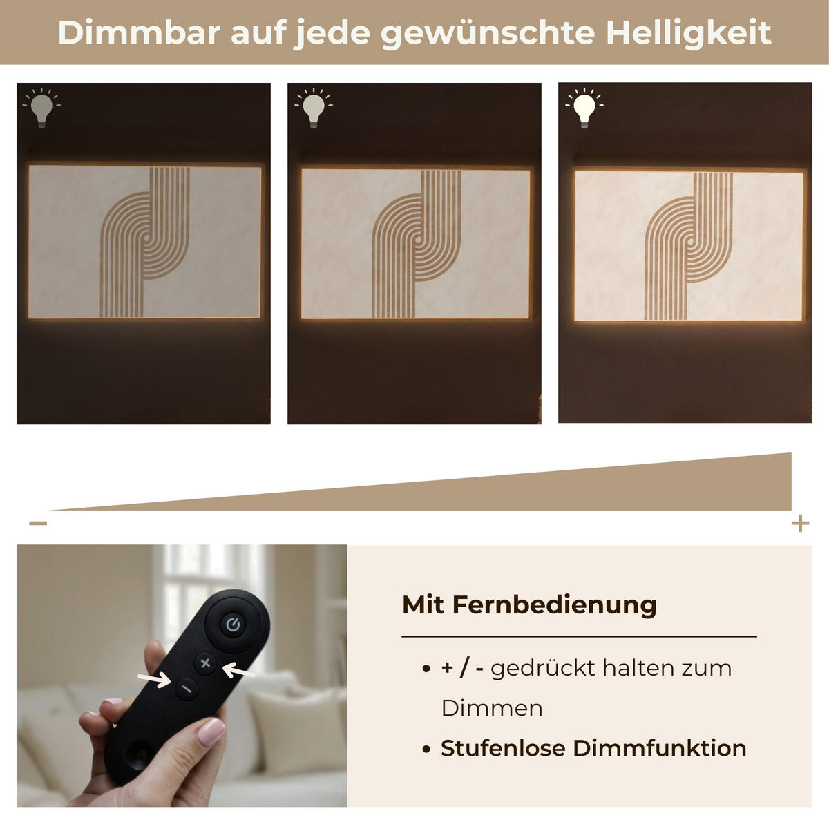 NÁSTĚNNÁ LAMPA S AKUMULÁTOREM Symetrický ohyb - měděná barva 100x70 cm - béžová, kompozitní dřevo (100/70/8cm) - OnlyWow