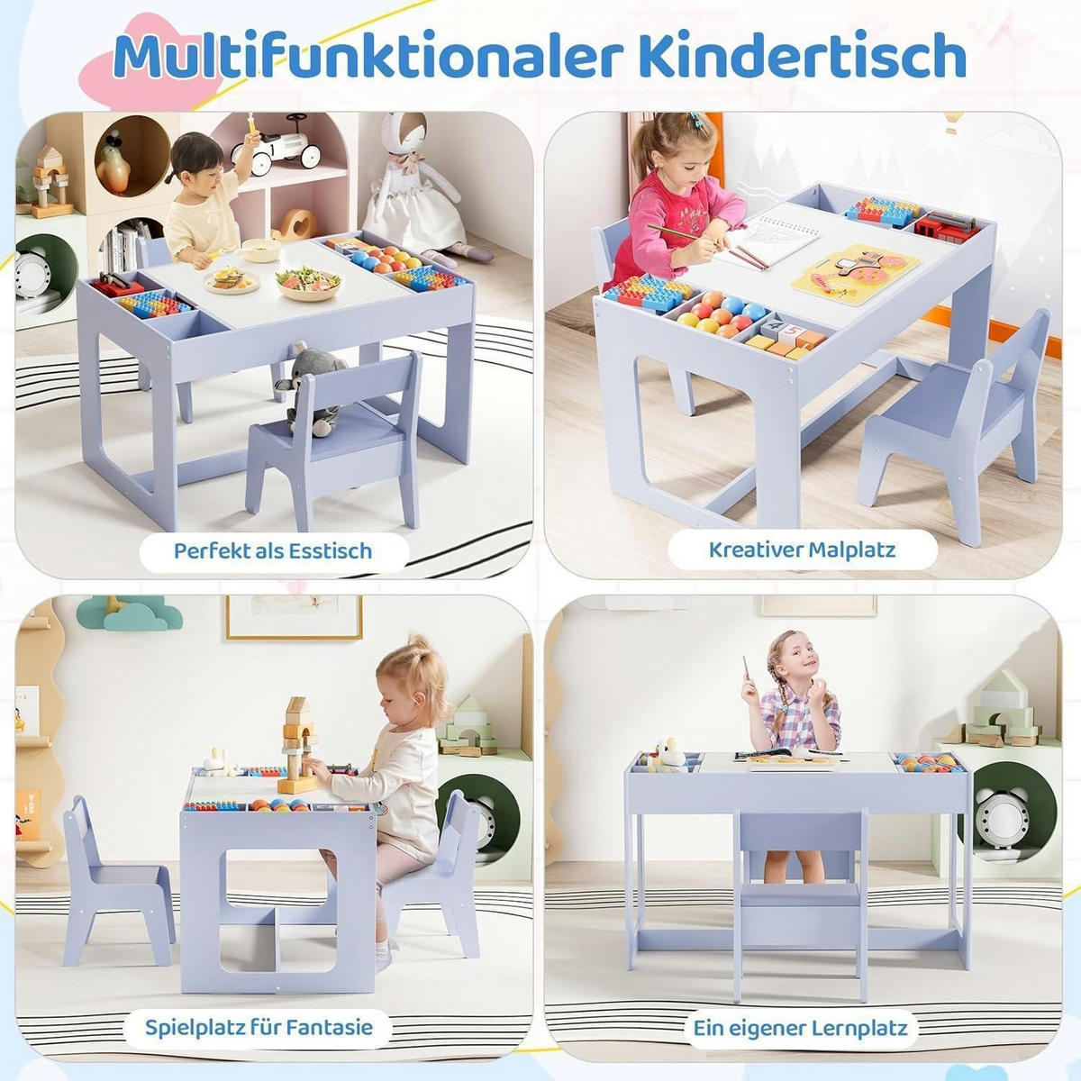 KINDERTISCH mit 2 Stühlen 3-teiliges Set Blau - Hellblau, Holzwerkstoff (48/48/80cm)