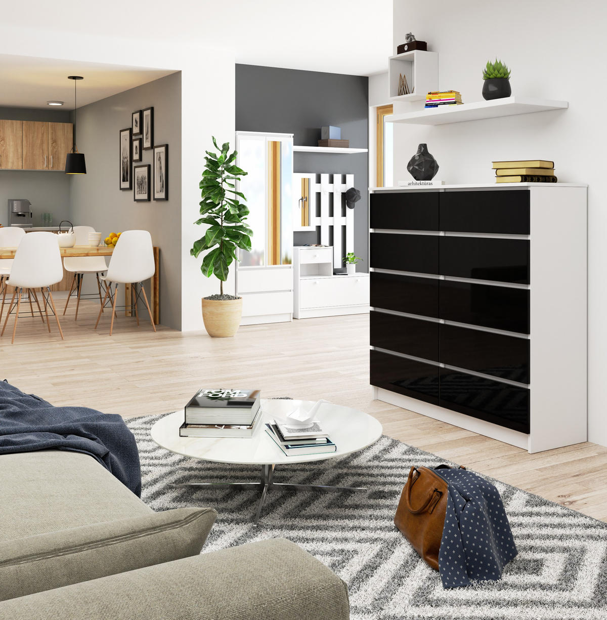 KOMMODE Weiß, Schwarz Glanz 121/120/40 - Weiß, Holzwerkstoff (120/121/40cm) - RAUMHIRSCH FURNITURE