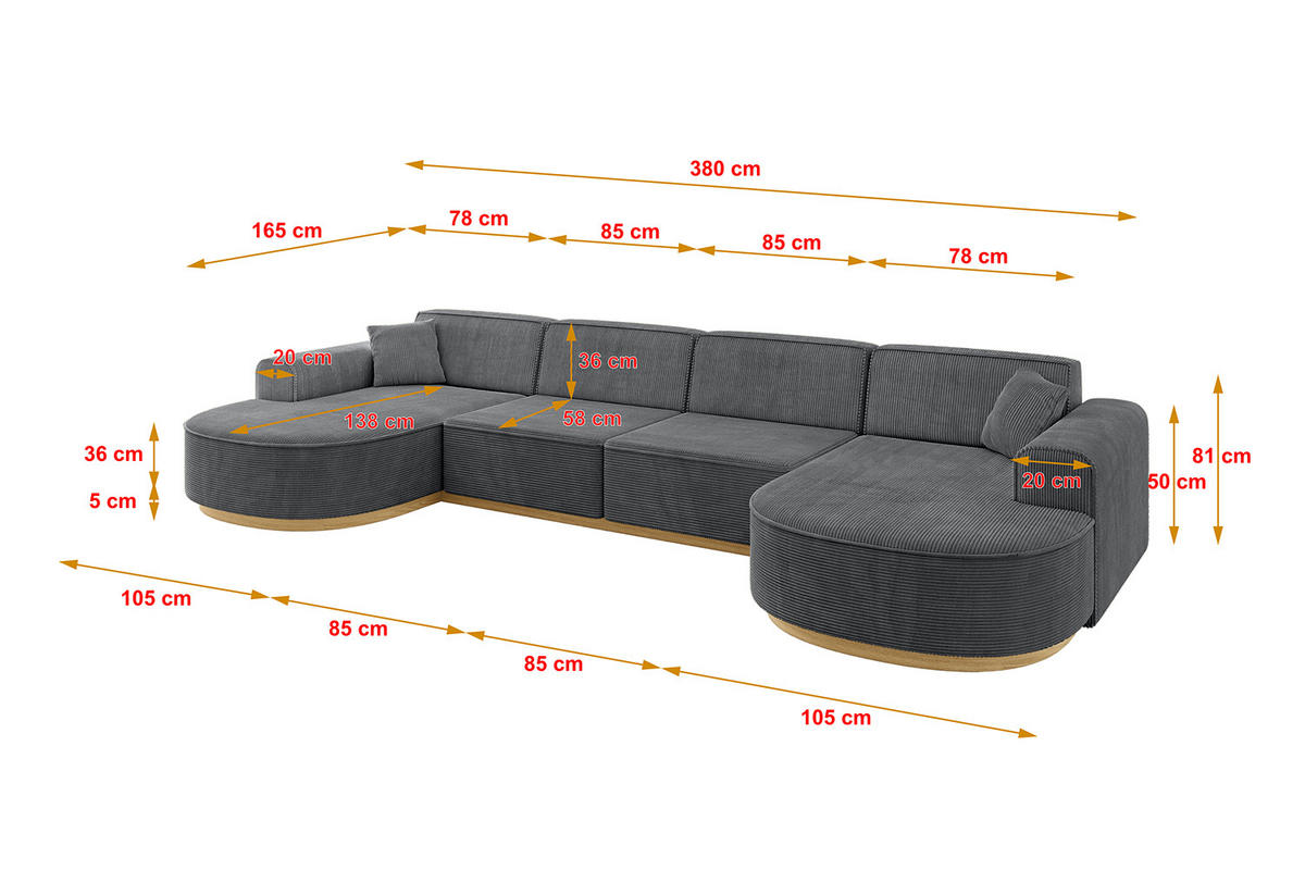 WOHNLANDSCHAFT MARI-U2-v2 - 388x171x83 cm Dunkelgrau Cord - Dunkelgrau, Holzwerkstoff/Textil (388/83/171cm) - ALTDECOR