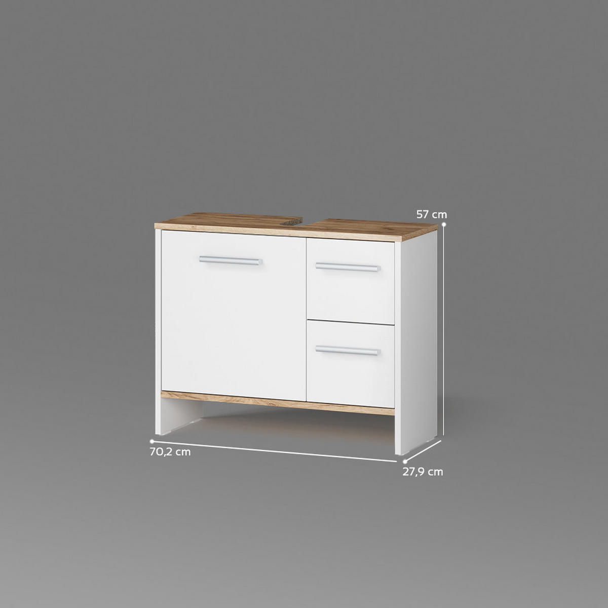 WASCHBECKENUNTERSCHRANK Amalfi Weiß/Goldkraft Eiche 70.2 x 57 cm mit 2 Schubladen und 1 Tür - Honigeiche/Weiß, Holzwerkstoff (70.2/57/27.9cm) - Livinity®