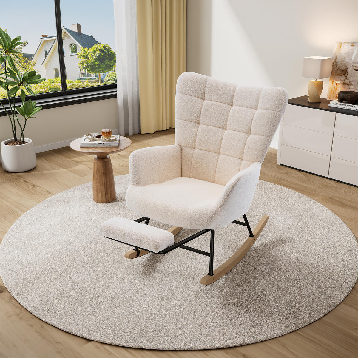 SCHAUKELSTUHL in Beige mit weichem Sherpa-Bezug und ausziehbarer Fußstütze - Beige/Naturfarben, Holz/Textil (68/91/88cm) - CHICFURN