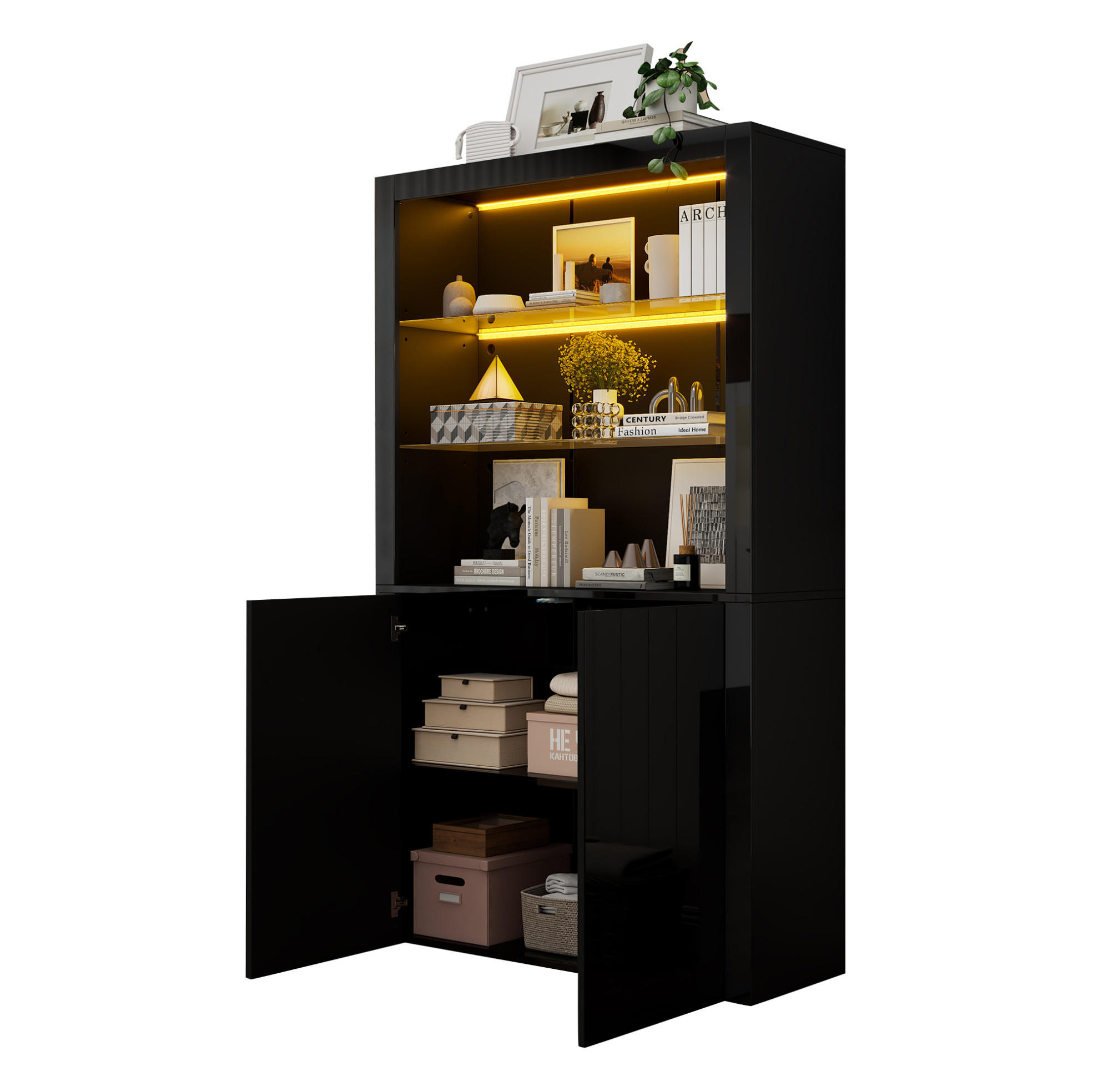 VITRINE 100/35/170 cm Schwarz aus MDF, Spanplatte und Glas mit LED-Beleuchtung - Schwarz, Holzwerkstoff (35/170/100cm) - OKMYHOME