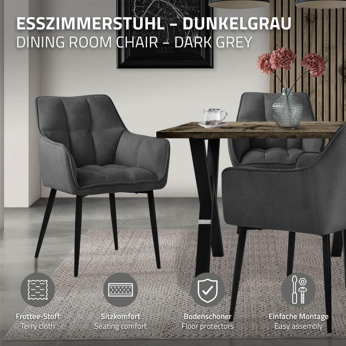 JÍDELNÍŽIDLA, SADA 6 KS, tmavě šedá froté látka - černá/tmavě šedá, kov/textil (63/90/57cm) - ML-DESIGN