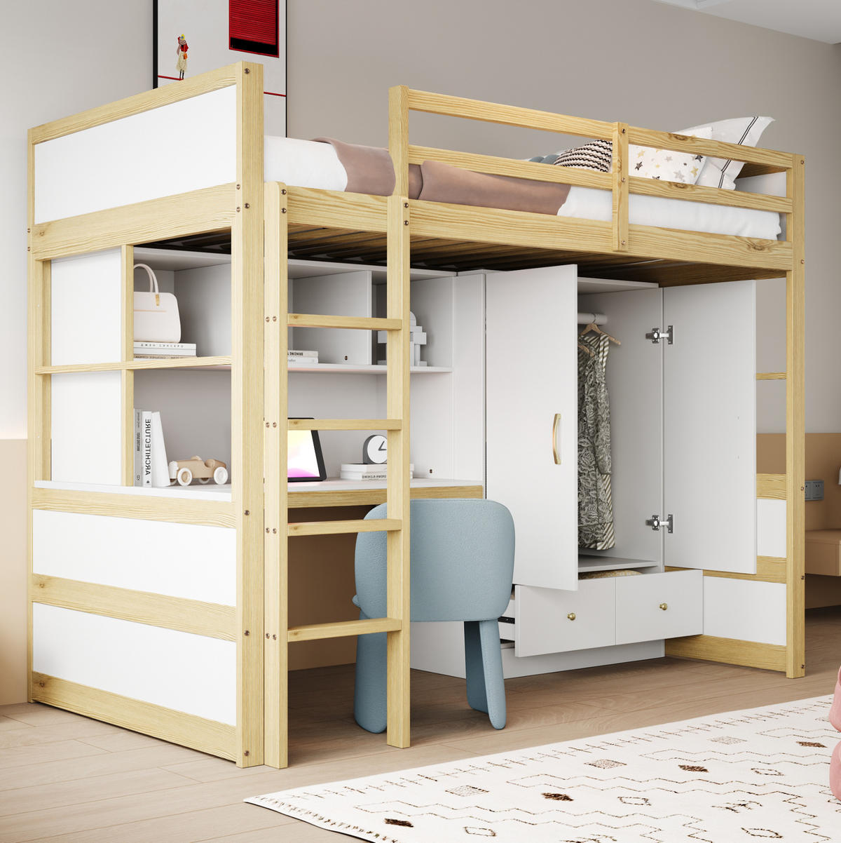 HOCHBETT 90/200 cm aus Holz mit Leiter, Schreibtisch, Naturholz - Naturfarben, Holz (90/200cm) - OKMYHOME