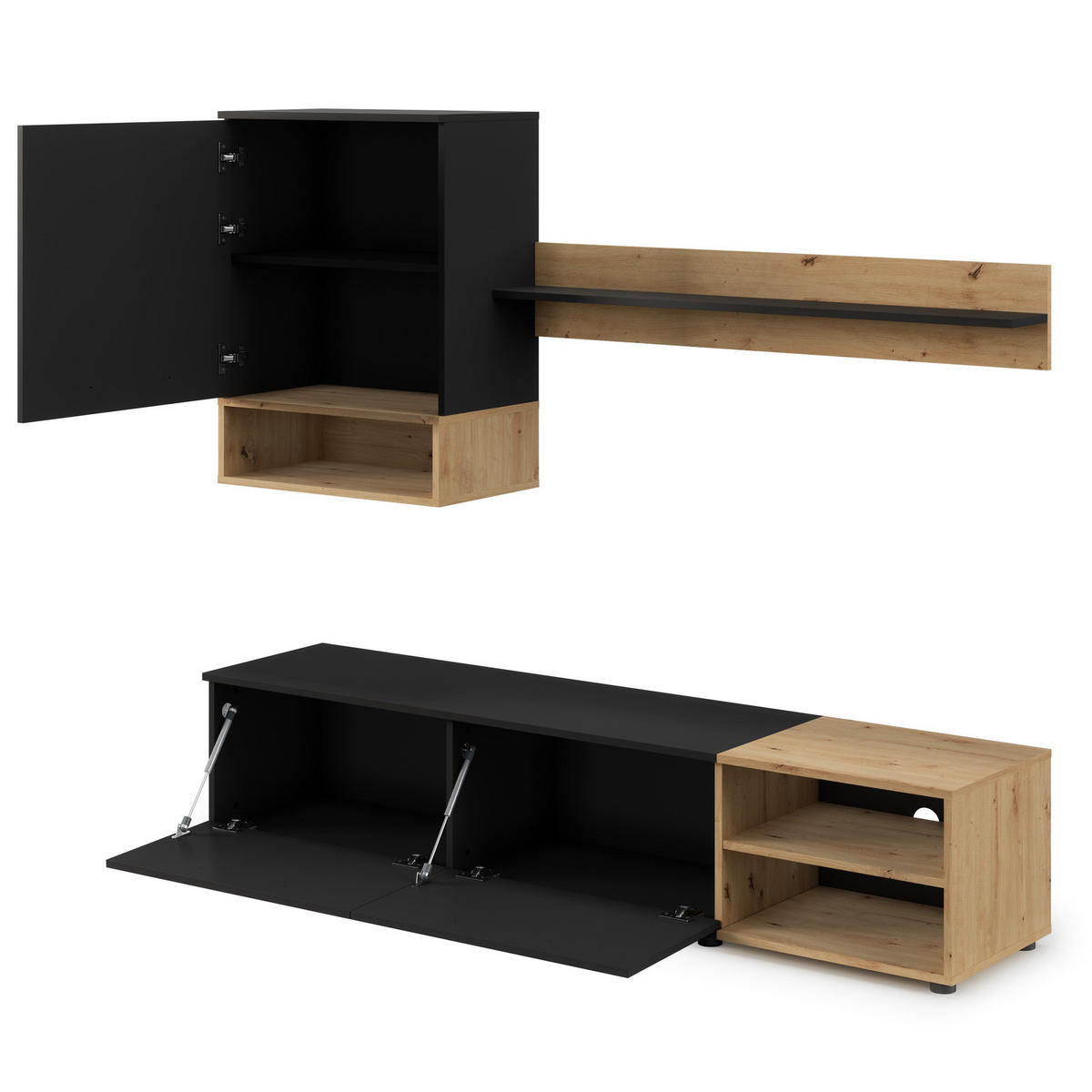 WOHNWAND Vento 180 cm breite 3-teilig Schwarz und Artisan Eiche - Schwarz/Eiche Artisan, Holzwerkstoff/Kunststoff (180/119/40cm) - Ravio