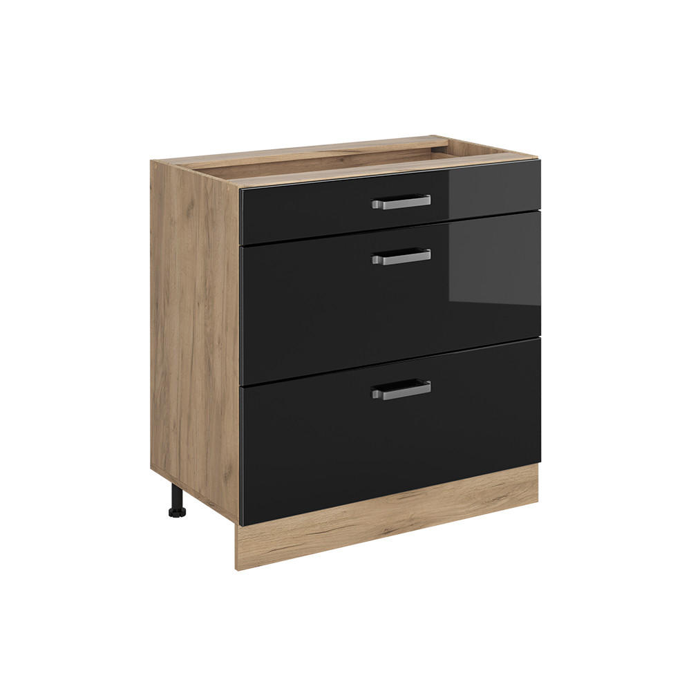 KÜCHENUNTERSCHRANK R-Line, Schwarz Hochglanz/Goldkraft Eiche, 80 cm mit 3 Schubladen ohne Arbeitsplatte - Schwarz Hochglanz/Eichefarben, Holzwerkstoff (80/81.6/46cm) - Vicco