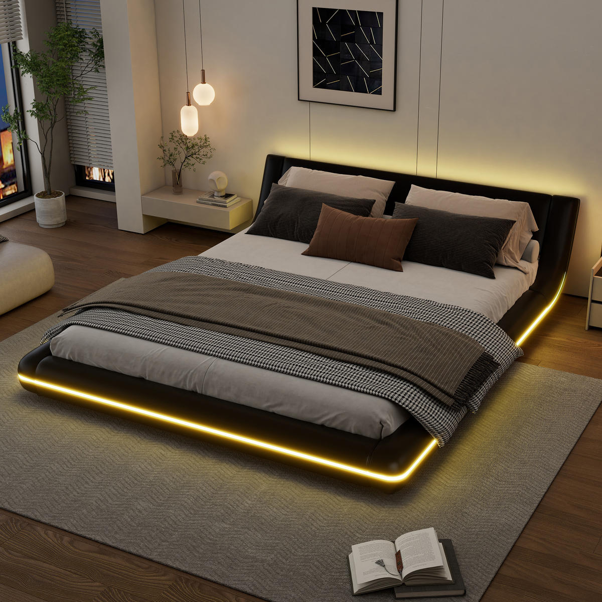 BODENBETT 160/200 cm Schwarz mit LED-Umgebungslicht aus PU - Schwarz, Kunststoff (160/200cm) - OKWISH