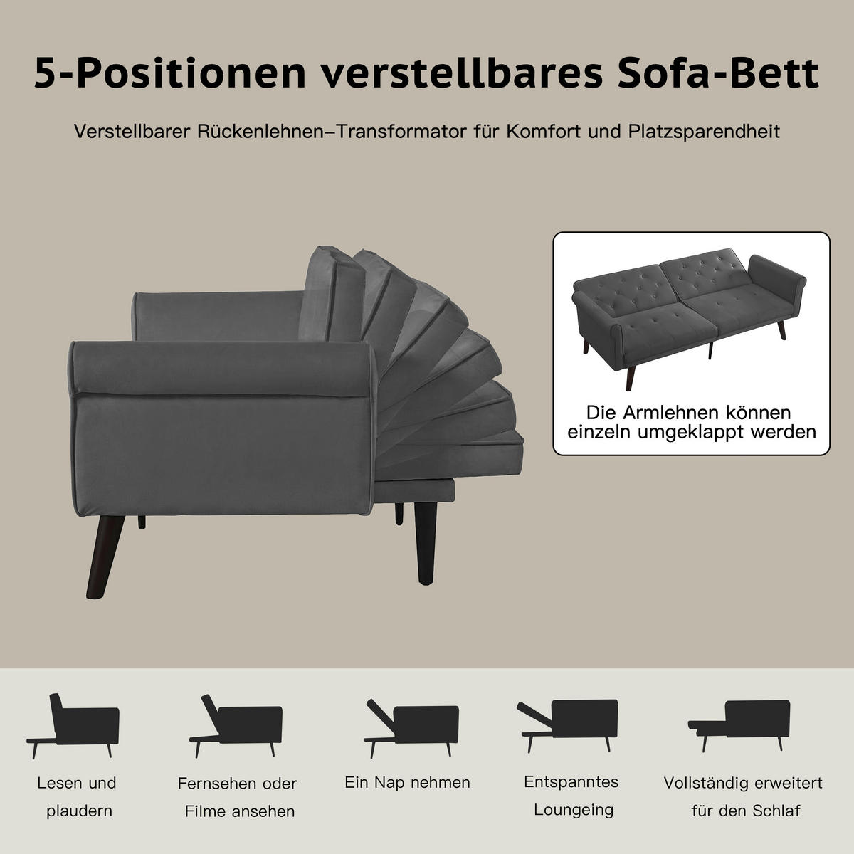 SCHLAFSOFA 150/89/70 cm in Grau Samt mit Verstellbarer Rückenlehne - Grau, Textil (172/70/89cm) - Oxeza