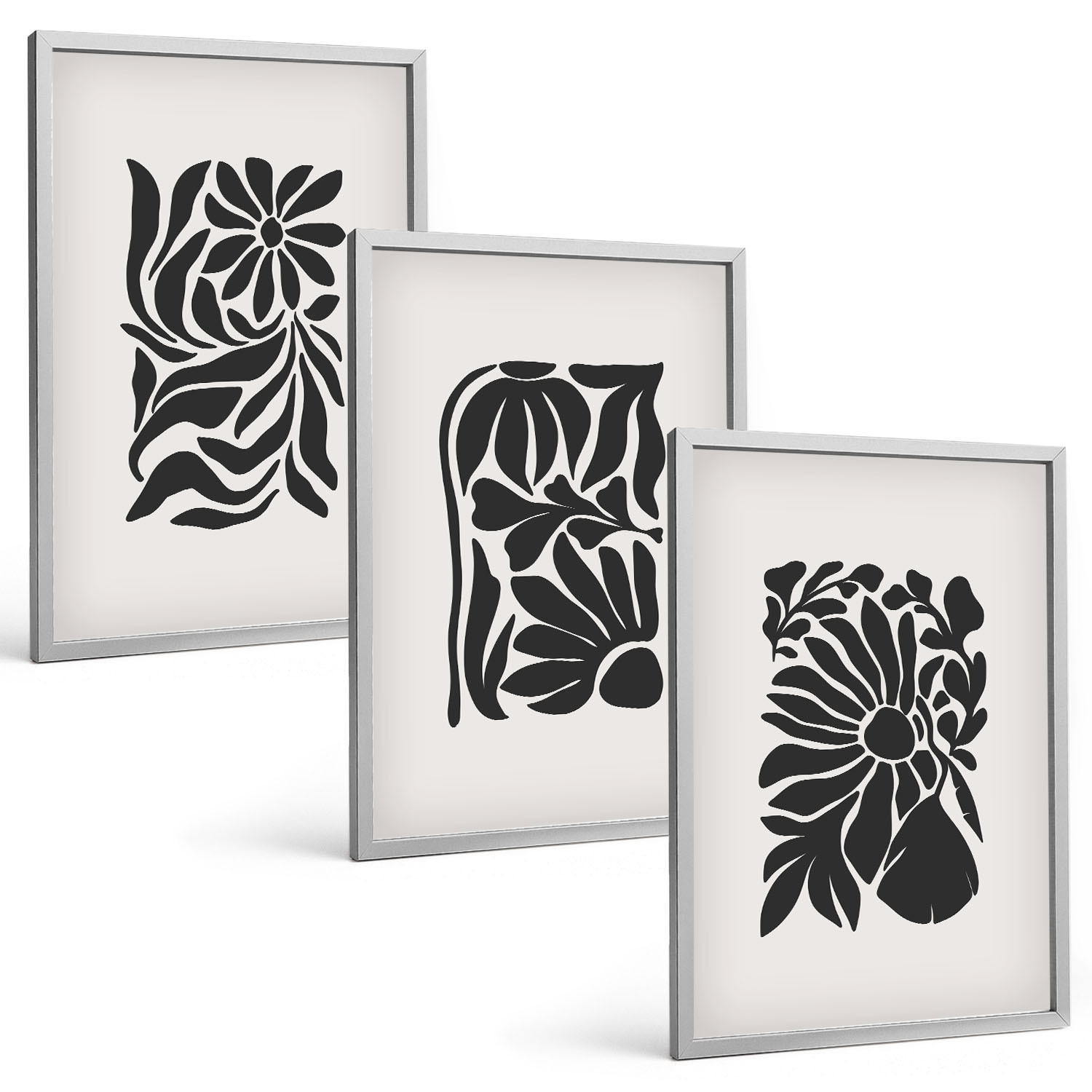 BILDER SET 3er Set - 40x60 cm Silberner Rahmen - Abstrakte Pflanzenmuster - Silberfarben, Kunststoff (40/60cm) - TULUP