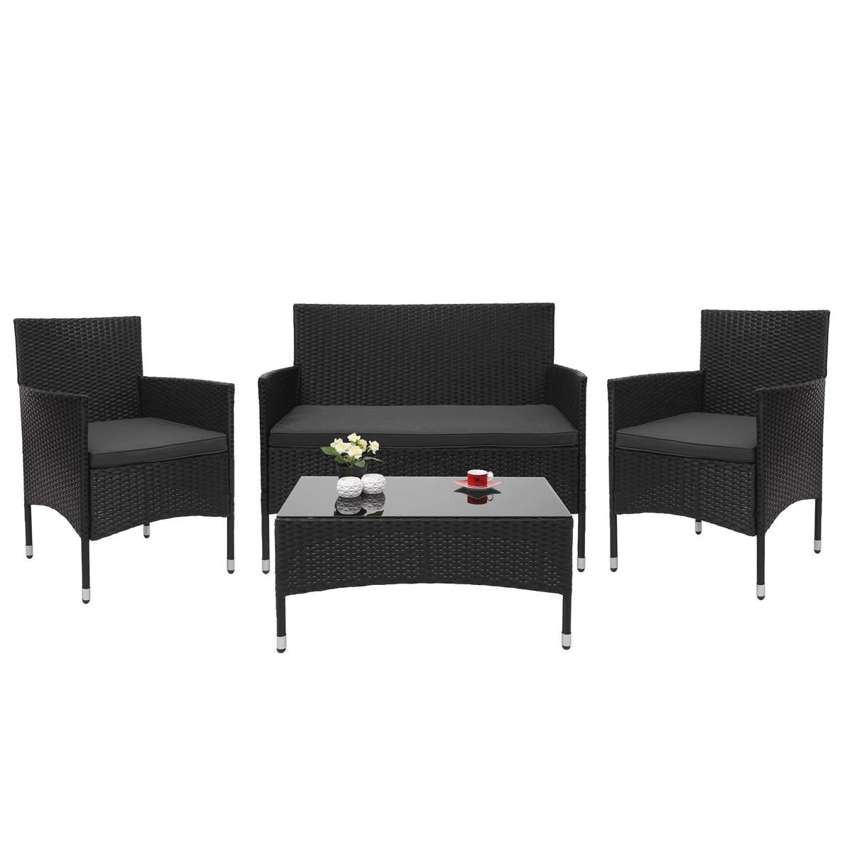 POLY-RATTAN GARNITUR Schwarz, Anthrazit - Anthrazit/Schwarz, Kunststoff - MCW