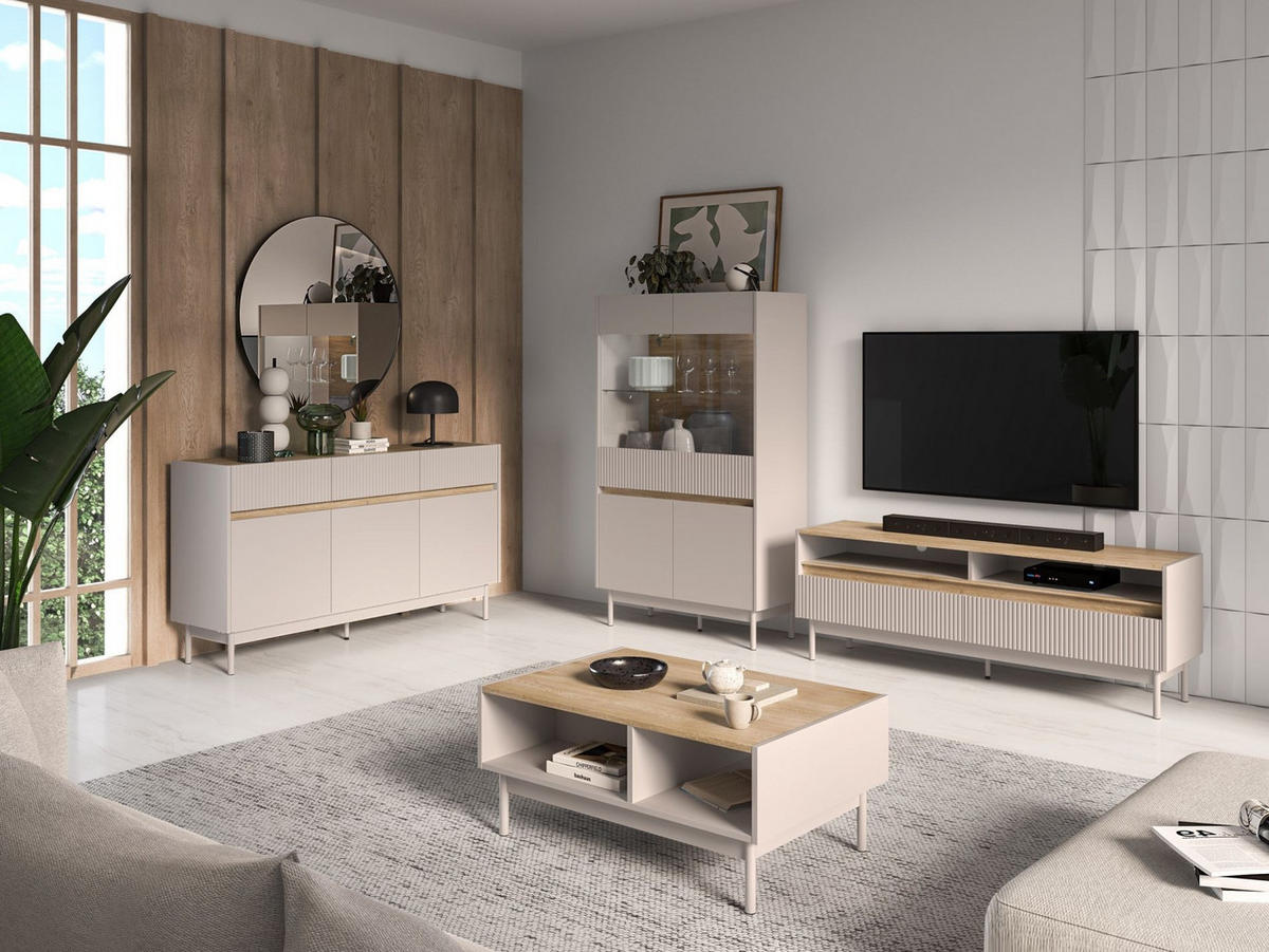 VITRINE Dunea 4-türig Kaschmirgrau/Eichenoptik 92 cm - Taupe, Holzwerkstoff/Metall (92/156/40cm) - Selsey