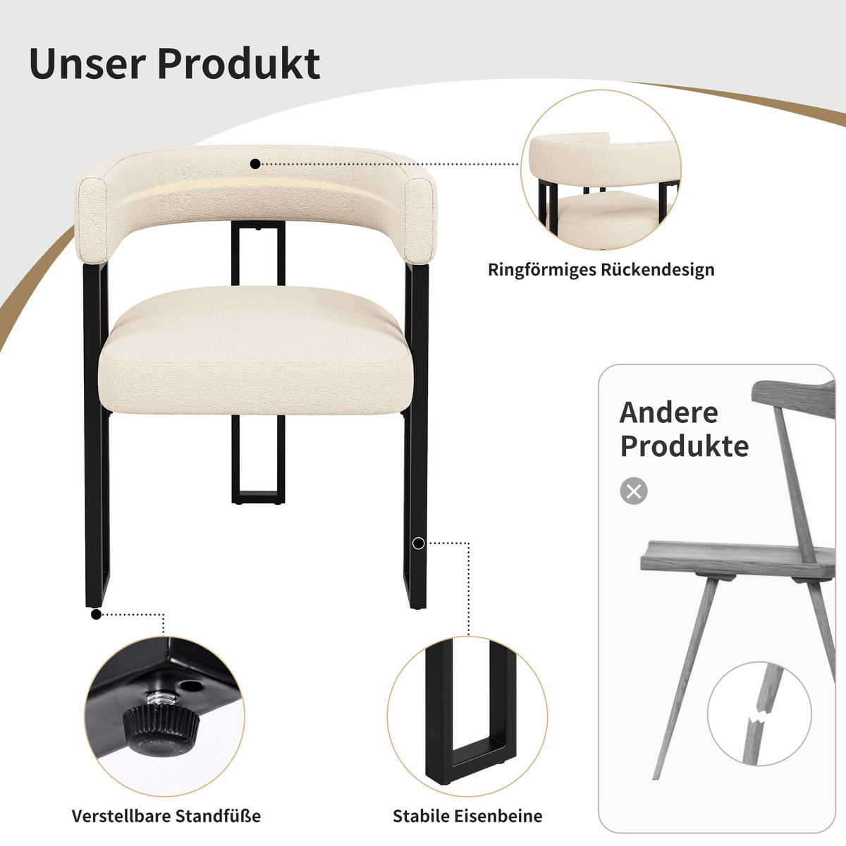 WOHNZIMMER STÜHLE mit Lammwollstoff 4tlg mit Rückenlehne - Beige, Textil (54/72/51.5cm) - EVRYAE