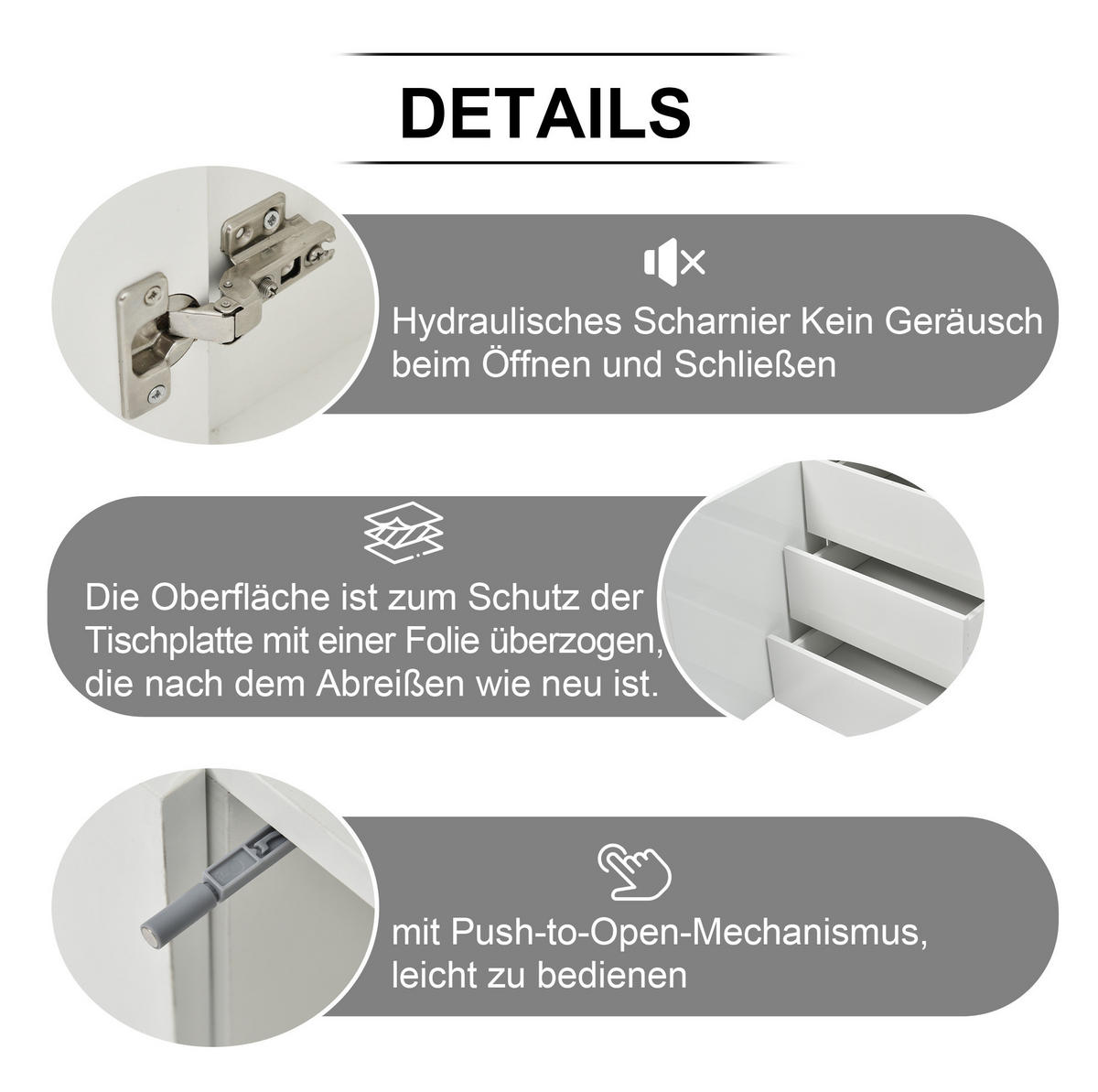 SIDEBOARD mit LED 140 x 35 x 72,5 cm Weiß Hochglanz 2 Türen 3 Schubladen - Weiß, Holzwerkstoff (140/72/38cm) - Meubliv