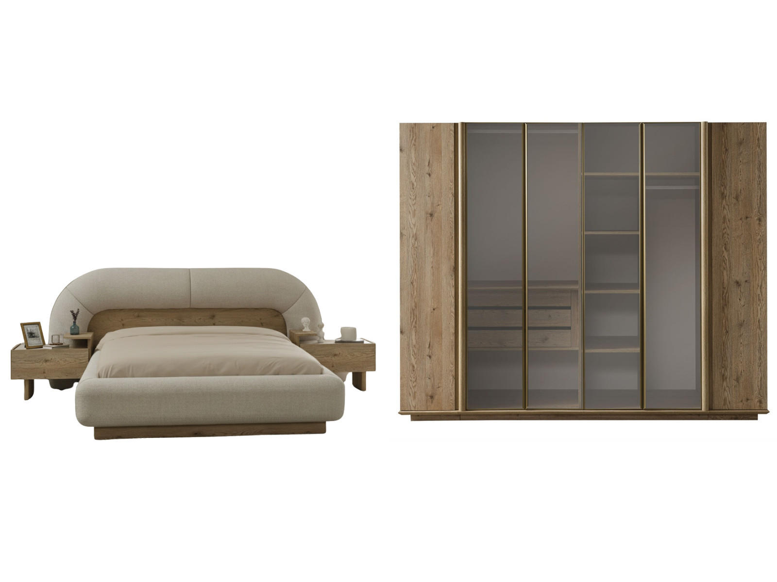 BETTANLAGE ANKA Schlafzimmer-Set, 4-teilig, Eiche, Bett mit Kopfteil, 2 Nachttische und Kleiderschrank - Eichefarben, Holzwerkstoff (160/200cm)