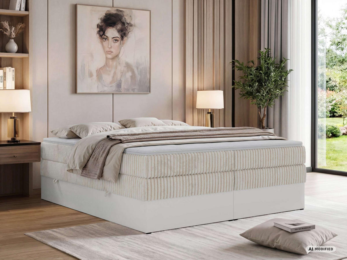 BOXSPRINGBETT TRAVIT ZERO KING 180/200 - Beige Cord - Topper T25 - H3 - Beige/Schwarz, Kunststoff/Textil (180/200cm) - MKS