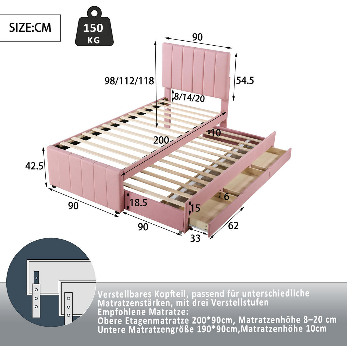 POLSTERBETT mit Ausziehbett und 3 Schubladen 90x200 cm Rosa - Pink, Holzwerkstoff (90/200cm) - Beauniv