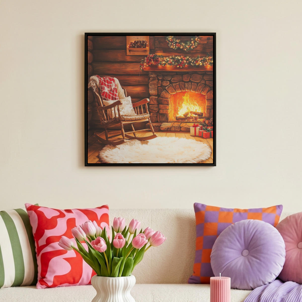 LEINWAND Bilder mit Rahmen - Winter - Weihnachten - Zuhause - Kamin - 50x50 - Bernsteinfarben, Textil (50/50cm) - MuchoWow