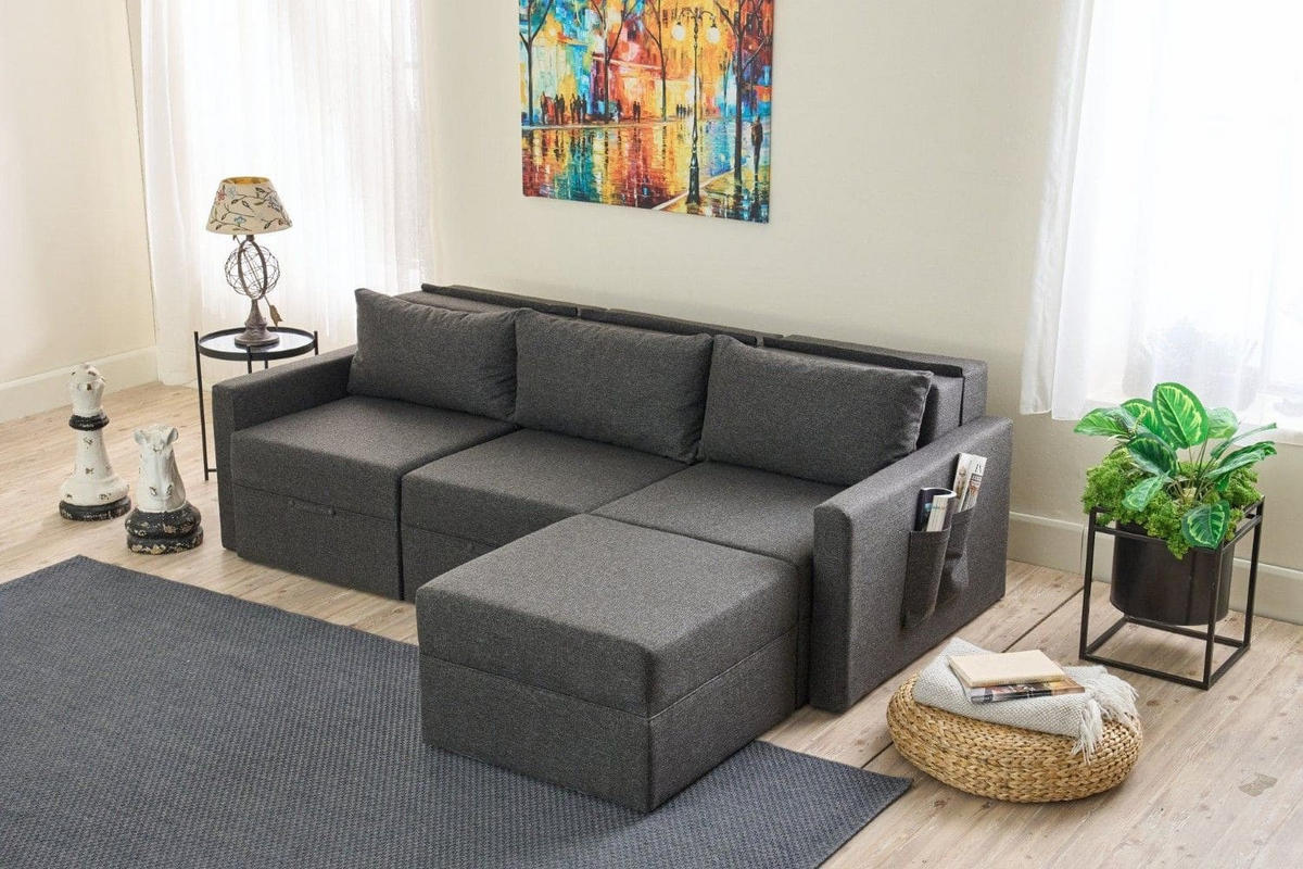 ECKSCHLAFSOFA mit Hocker - Anthrazit/Schwarz, Kunststoff/Textil (230/180cm) - myHomelando