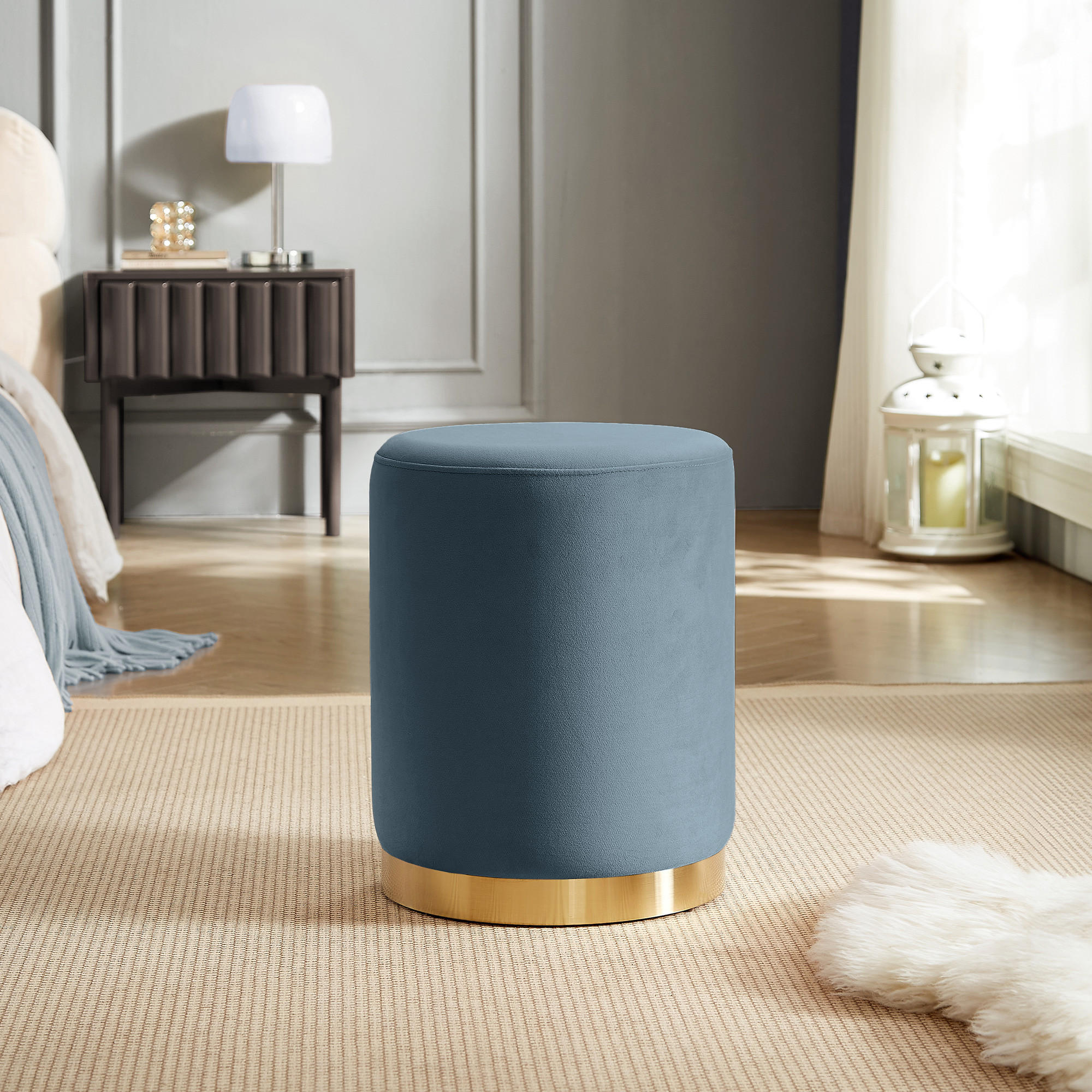SITZPUFF Charlotte I Seladonblauer Samt und goldenes Metall - Hellblau, Holzwerkstoff/Textil (35/43/35cm) - Sicaan