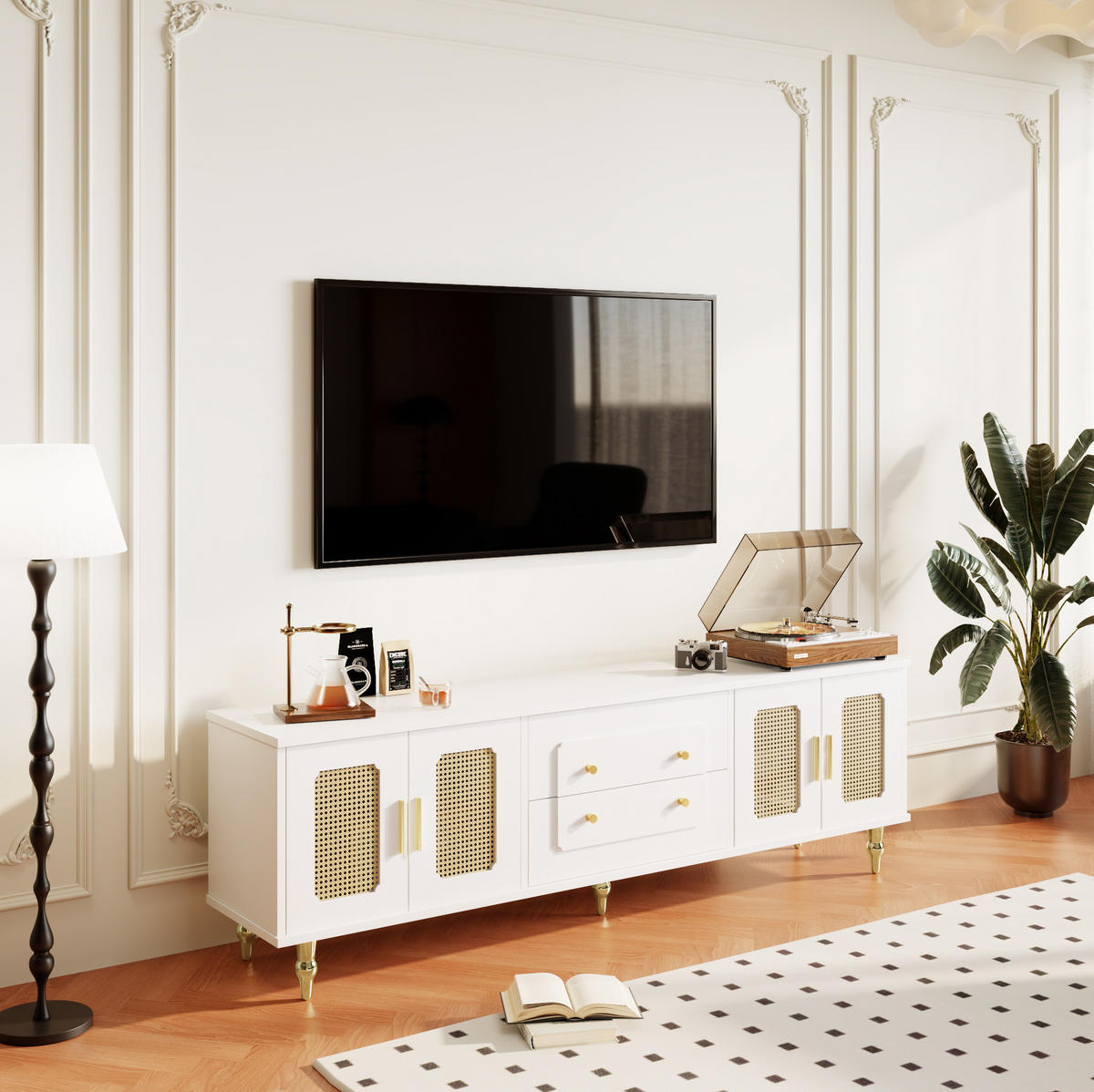 TV-LOWBOARD in Weiß mit Rattantüren und Push-to-Open Schubladen 175/38/55.5 cm - Weiß, Holzwerkstoff (177/55.5/38cm) - Redom
