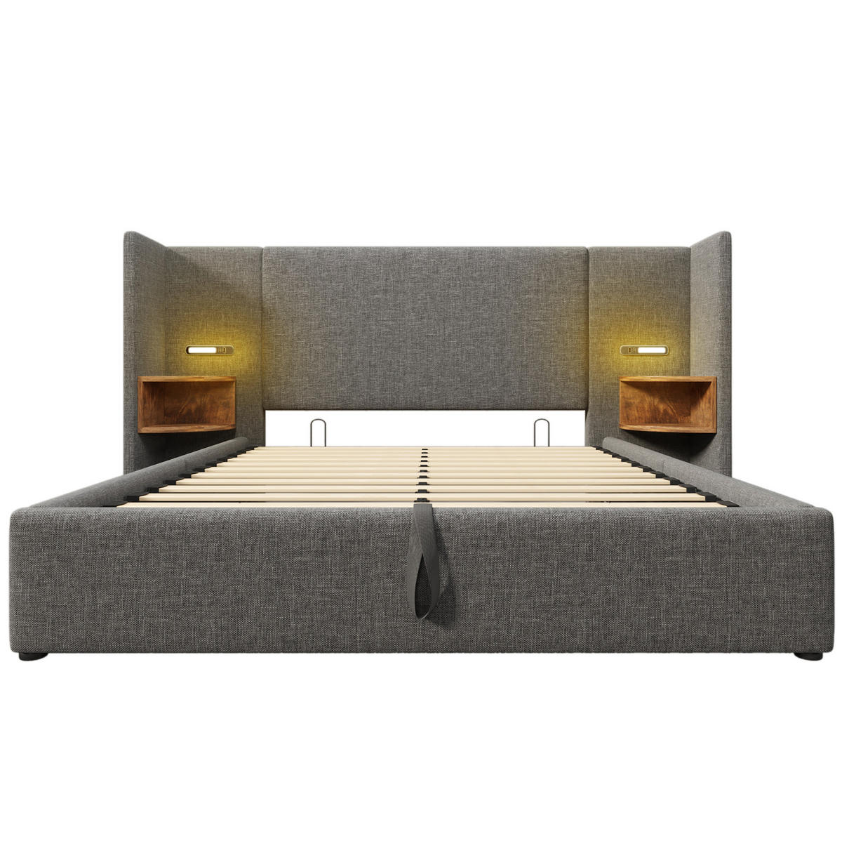 POLSTERBETT 160/200 cm Grau aus Leinen mit Stauraum, Leselampe und USB-Anschluss - Grau, Textil (160/200cm) - OKMYHOME
