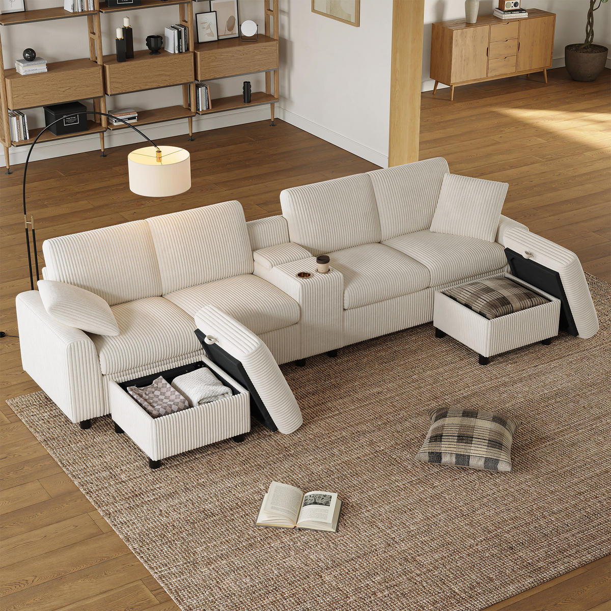 ECKSOFA 315/135/81 cm Beige mit 2 Fußhocker mit Stauraum und 1 Couchtisch - Beige, Textil (315/135cm) - Oxeza