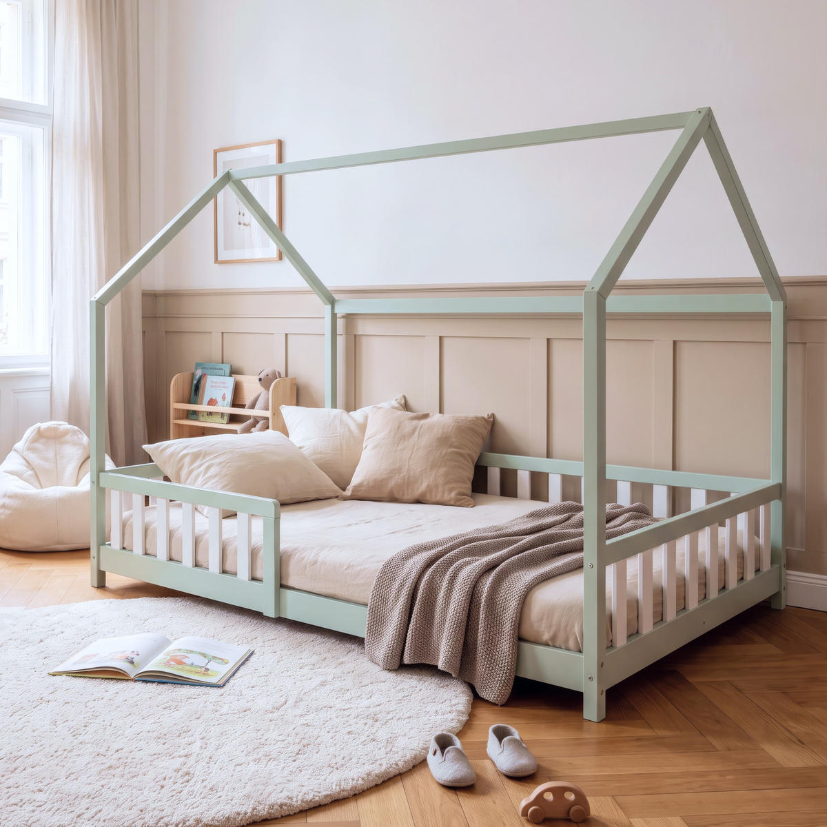 HAUSBETT Hesel - Weiß/Mintgrün, Holz (140/200cm) - [en.casa]