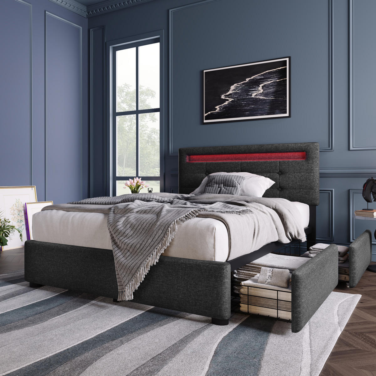 POLSTERBETT aus Leinen 90x200 cm Grau mit LED-Beleuchtung, verstellbarem Kopfteil und 2 Schubladen - Grau, Textil (90/200cm) - IVMEU