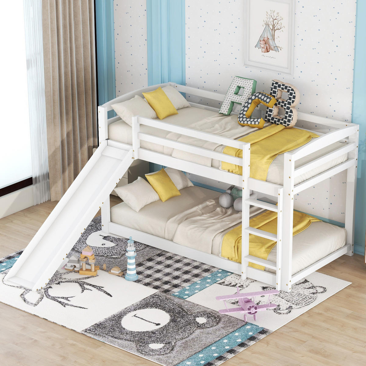 KATNI krevet od borovine 90x200 cm bijela s toboganom i izmjenjivim ljestvama, štedi prostor - bijela, drvni materijal (90/200cm) - Modfu