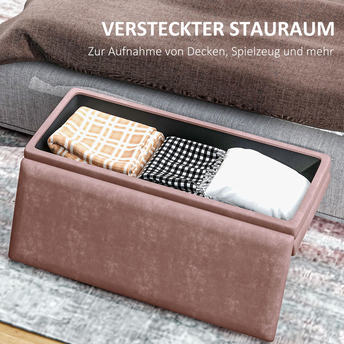 SITZBANK, Polsterbank mit Stauraum, Samtoptik, Bettbank mit Stahlbeine, Rosa - Rosa, Kunststoff (37.5/42/100cm) - HOMCOM
