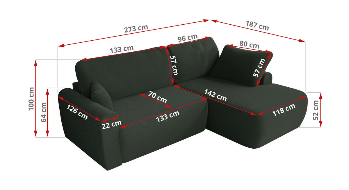 ECKSCHLAFSOFA CUBO L Dunkelgrün Boucle - links - Dunkelgrün/Schwarz, Kunststoff/Textil (273/187cm) - MKS