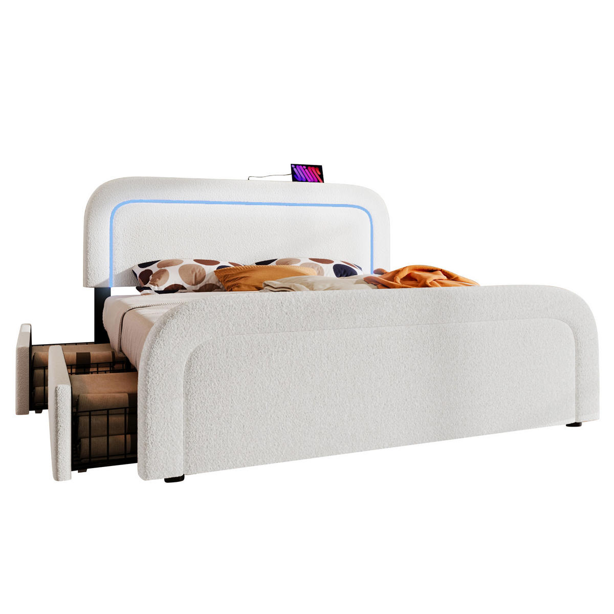 POLSTERBETT 160/200 cm aus Sherpa mit USB-C, LED und 4 Schubladen Weiß - Weiß, Fell (160/200cm) - Modenvie